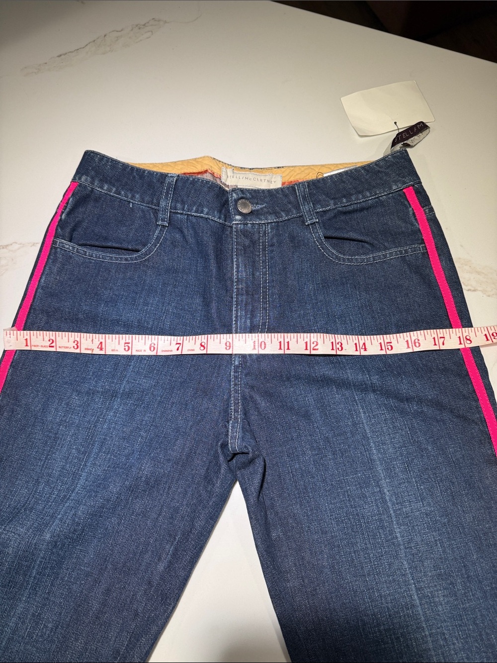 STELLA McCartney Dark Blue Denim Jeans with Pink Ribbon Accent, Size 28 - Picture 3 of 14